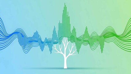 eco sound wave tree illustration with abstract audio waveform branches on blue green gradient background symbolizing nature technology harmony