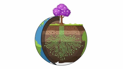 eco technology concept with purple tree roots as glowing circuit board inside cross section of earth symbolizing green innovation