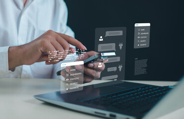 AI chatbot and digital communication interface with businessman using smartphone over laptop, virtual assistant messaging, customer support automation, data processing and smart business technology.