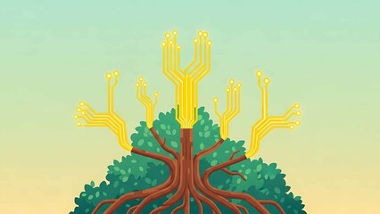 eco technology tree with circuit board branches growing from roots in green foliage symbolizing sustainable innovation and digital growth