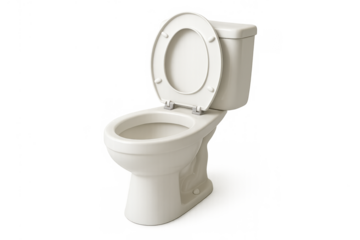 White porcelain toilet with open seat, showcasing modern bathroom plumbing, sanitation, and hygiene concepts