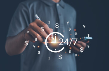 Businessman drawing with digital pen on smartphone with 24-7 clock and currency icons for nonstop online banking, fintech service, global payments, crypto finance, and real time transactions.