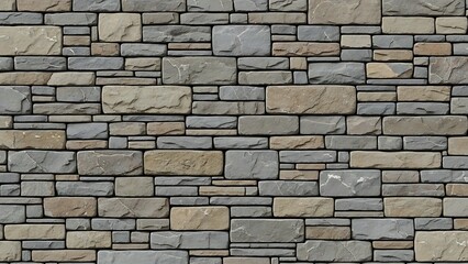 Fototapeta premium Close-up of a stacked stone wall with rectangular bricks in shades of grey, brown, and tan against a white background.