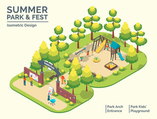 Obraz premium Cartoon Color Summer Park and Fest Concept Arch Entrance and Kid Playground Elements 3d Isometric View. Vector illustration