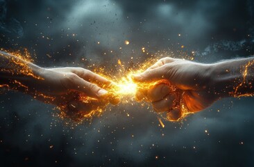 Obraz premium two hands pulling a glowing fraying rope with golden sparks and explosive energy, intense struggle and raw power against a dark smoky background