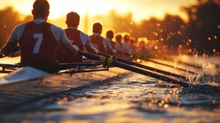 rowing team in synchronized strokes at golden sunset with oars cutting water and splashes, silhouettes conveying determination and teamwork