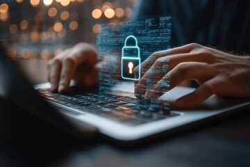 close up of hands typing on laptop with holographic padlock and streaming code overlay, conveying focused vigilance and data protection