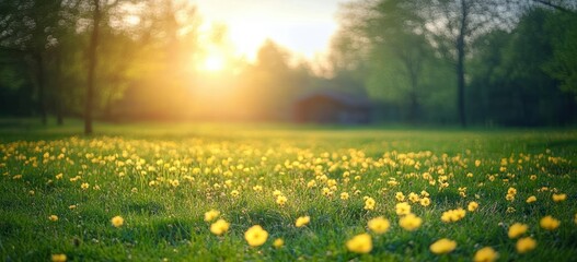 Sunlit meadow of yellow wildflowers and green grass with a warm golden glow, distant trees and a blurred cottage, peaceful and serene mood
