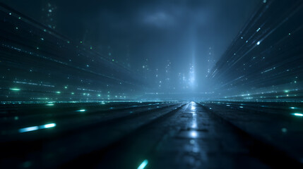 Digital Data Flow in Cyber Landscape: A futuristic panorama depicting a digital stream of data, symbolizing technological advancement and connectivity.