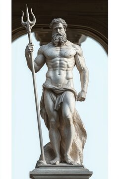 Imposing marble statue of a muscular draped male figure standing on a pedestal holding a trident beneath an arch conveying heroic, stoic power