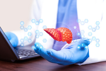 A hepatologist reviews liver health data on a laptop. Concept of hepatitis diagnosis, viral infection assessment, and modern digital liver health evaluation. Liver with inflamed tissue.