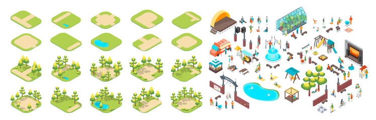 Cartoon Color Summer Park and Fest Concept Different Elements, Landscapes with Trees and Without 3d Isometric View. Vector illustration