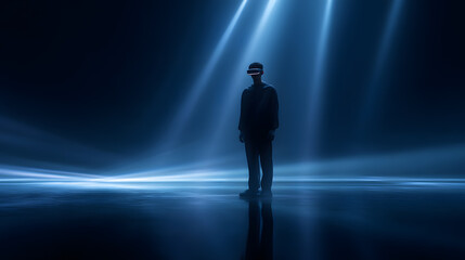 Fototapeta premium Silhouette Under the Spotlight: A solitary figure, shrouded in shadow, stands illuminated by ethereal beams of light in a mesmerizing display of mystery and introspection. 