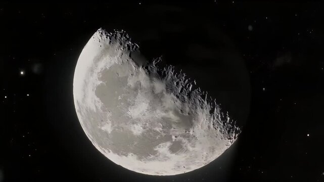 A textured, illuminated celestial body in space; stars dot a darkened sky
