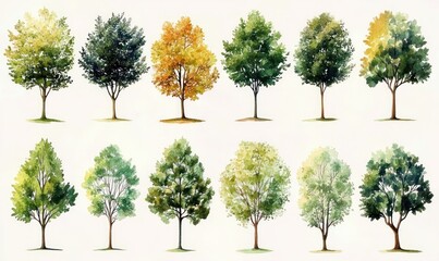 Twelve hand-painted watercolor trees arranged in two rows, varied green and yellow foliage, trunks and canopies, serene botanical study and peaceful natural mood