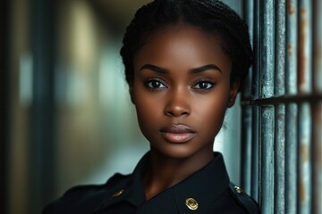 uniformed person leaning against metal bars in dim institutional corridor, solemn and contemplative mood