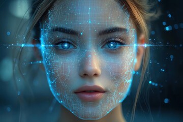 Close-up profile of a woman with blonde hair framed by blue digital light particles and a horizontal data beam, neon glow and contemplative futuristic mood