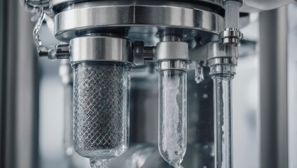 Close-up of advanced laboratory equipment with glass tubes and metal components, showcasing scientific research and development.