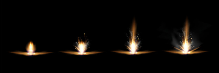 Gun flashes with smoke and fire sparkles. Pistol shots clouds, muzzle shotgun explosion. Blast motion, weapon bullets trails isolated on black background.