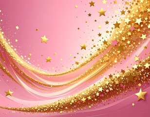 Gold stars & sparkles swirling on pink background with light, fluid, wavy, ribbon accents