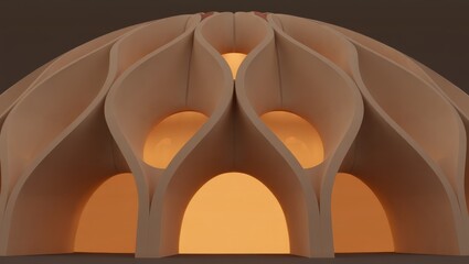 Beige architectural structure with glowing orange interior