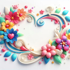 パステルカラーの花々と曲線のハートデコレーション