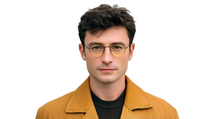 Young man with brown hair, wearing round eyeglasses and mustard yellow coat, looks confidently at camera with neutral expression, isolated on transparency background