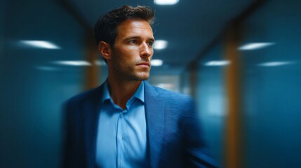Naklejka premium A confident man in a suit looks toward the light at the end of a corridor