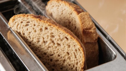 Slices of whole wheat bread toasting in a modern stainless steel toaster for breakfast.