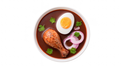 Chicken drumstick, hard boiled egg, red onion, and fresh cilantro in rich brown soup create comforting, flavorful meal, perfect for lunch or dinner, evoking warmth and satisfaction