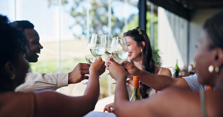 Friends, smile and cheers in restaurant with wine for social gathering, milestone and bonding together. Happy, people and toast with alcohol drink at event for celebration, weekend break and reunion.
