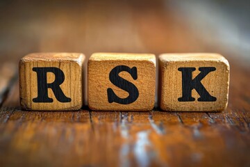Close-up of three vintage wooden letter blocks spelling R S K on a worn wooden table, warm light and shallow depth of field conveying caution and tension