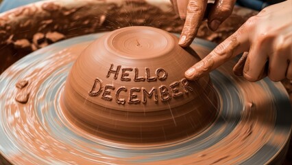 Obraz premium Hands Sculpting Clay Bowl with Hello December Message on Pottery Wheel.