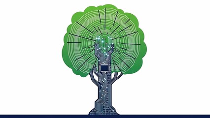 digital tree made of circuit board and data rings on white background symbolizing green technology sustainable innovation and eco tech