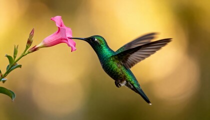 Obraz premium Vibrant Green Hummingbird Hovering Near Pink Tropical Flower with Rapid Wing Movement in Natural Light