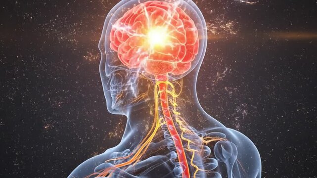 Human brain inflammation, glowing red anatomical model visualization