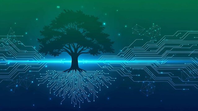 digital tree of life connecting circuit board roots and neon data network branches on dark gradient background symbolizing green technology - Powered by Adobe