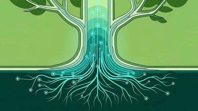 digital tree roots merging with data network under stylized green landscape symbolizing sustainable technology and eco innovation concepts