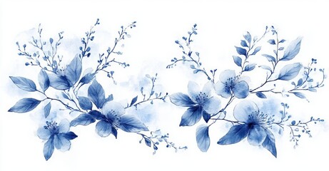 Two horizontal blue watercolor floral clusters with delicate blossoms, leaves and tiny buds on a white background, serene and elegant mood