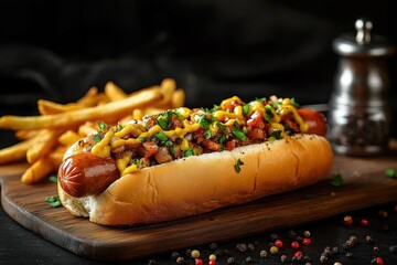 Loaded hot dog with grilled sausage in a toasted bun topped with diced relish, bacon bits, mustard drizzle and chopped herbs, served with golden fries on a wooden board, cozy indulgent mood