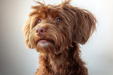 close-up portrait of a small fluffy brown dog gazing upward with a curious hopeful expression