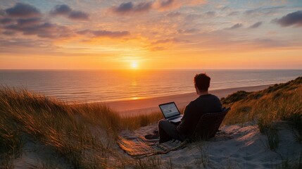 Obraz premium Sunset Beach Work Remote Bliss.