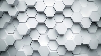 layered white 3d hexagonal tiles forming a geometric honeycomb pattern with soft shadows and depth, minimalist futuristic abstract background conveying clean orderly calm
