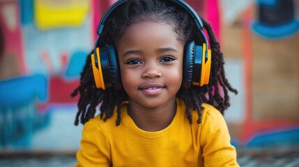 Young girl enjoying music with headphones.