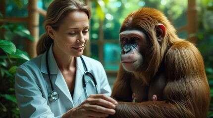 In a heartwarming display of interspecies connection, a female veterinarian in a white lab coat gently examines a muscular orangutan or great ape. Set within a lush, sunlit conservatory or rehabilitat