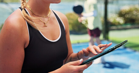 Hands, tablet and scroll at tennis court for exercise, game planning or notes for padel match at...