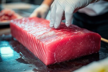gloved hands carefully handling a large rectangular block of fresh raw tuna on a wet black cutting board in focused precise seafood preparation