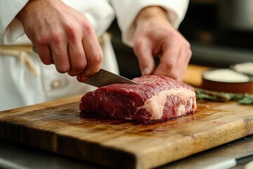 Chef slicing a raw beef roast on a wooden cutting board with focused, careful hands, knife and herbs nearby in a professional kitchen