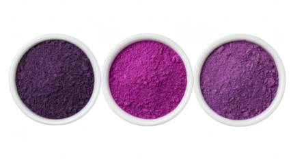 Three white ceramic bowls filled with different shades of purple powder, arranged in row on transparency background, vibrant and colorful, suitable for art or culinary use