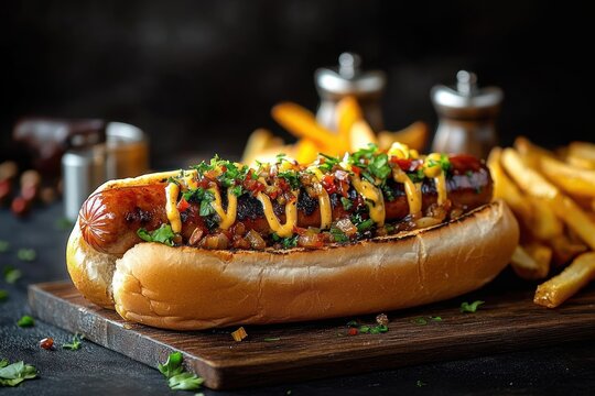 Grilled sausage hot dog in soft toasted bun topped with diced salsa, mustard drizzle and fresh herbs, served with golden french fries on a wooden board, appetizing and savory